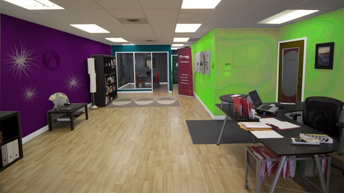 Green and purple painted office walls