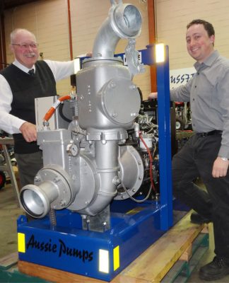 Pump Chief Engineer, John Hales and Project Engineer Jeremy Shelton show off the new Auto-Prime pump designed to deliver a breakthrough in efficiency and cost