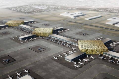 Spanning an immense 70 square kilometers, the futuristic hub is designed to feature five to six parallel runways.