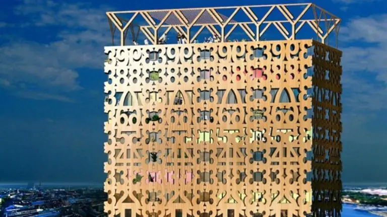 Gratte-ciel sud-africain fait de numéros en bois