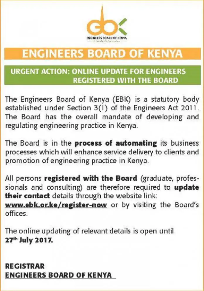 Online-Update für Ingenieure, die beim Engineers Board of Kenya registriert sind