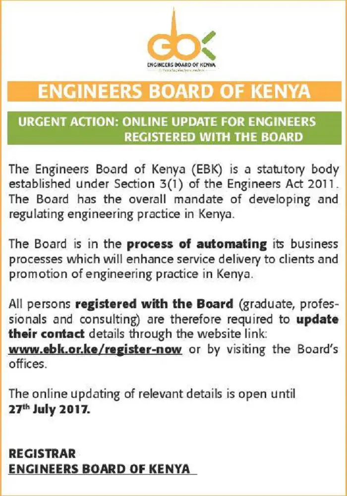 Online update for engineers registered with Engineers Board of Kenya
