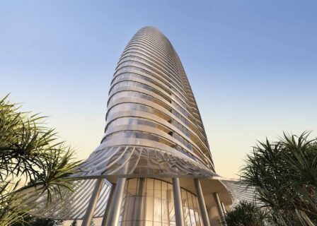 The project has officially topped out and the building’s signature architectural crown has now been fully installed.