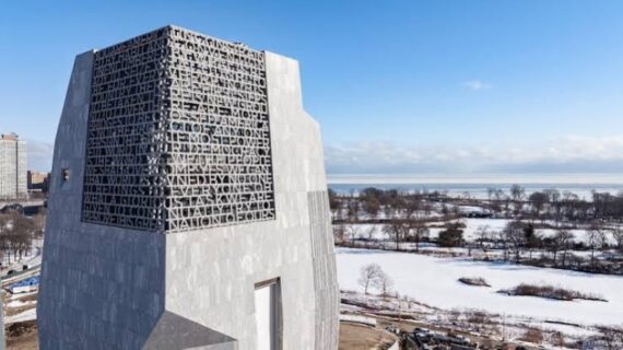 Up-close of the Obama Presidential Center's museum tower in Chicago