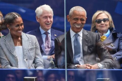 Former First Lady Michelle Obama (left), Former U.S. Presidents Bill Clinton and Barack Obama and Former United States Secretary of State Hillary Clinton at the opening ceremony in Chicago South Side 