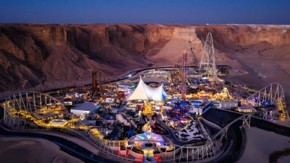 Spanning 320,000 square meters just outside of Riyadh, the theme park features 28 rides and attractions divided across six intricately themed lands, such as Steam Town and the City of Thrills.