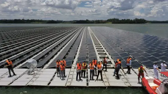 An aerial photo taken at the site of the largest floating PV plant project in Brazil