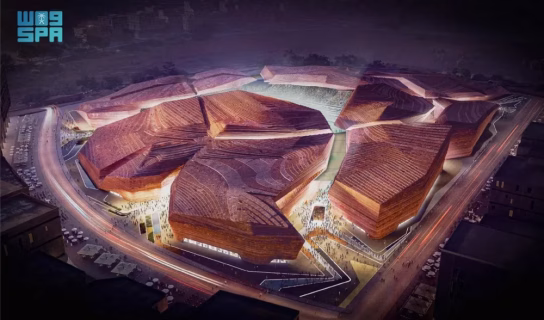 Rendering of Riyadh’s New Murabba Stadium (brown stone façade)