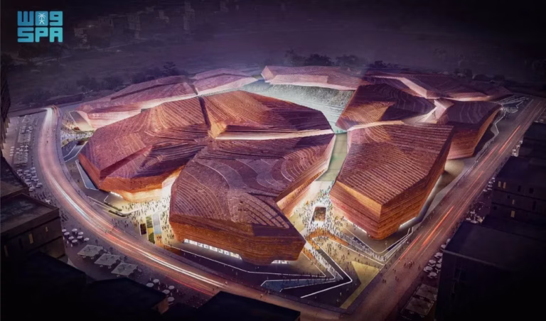 Rendering of Riyadh’s New Murabba Stadium (brown stone façade)