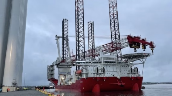 Charybdis WTIV installation vessel at the Portsmouth Port for the Coastal Virginia Offshore Wind project