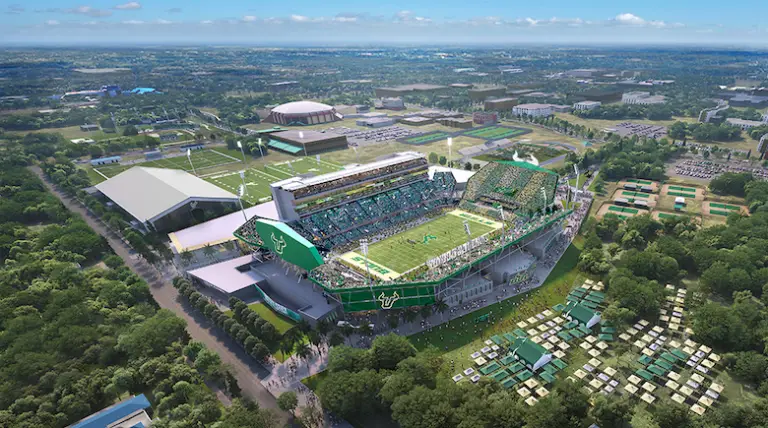 "Le projet de stade de football sur le campus de l'USF a une nouvelle équipe CM". Rendu avec l'aimable autorisation de l'Université de Floride du Sud