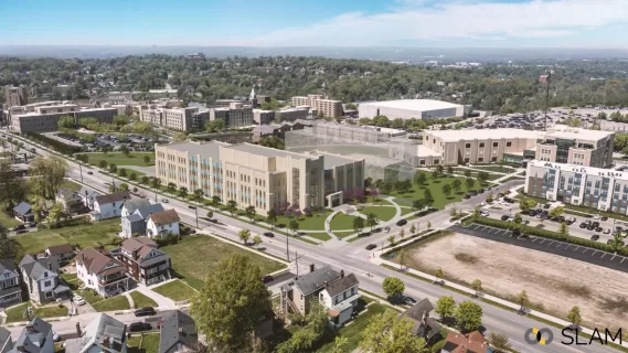 A rendering of an aerial view of the proposed Xavier University College of Osteopathic Medicine. It also features a transparent image for an interdisciplinary sciences building, a future project for the University.