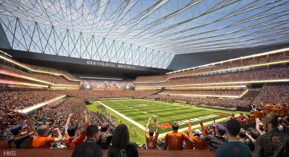 A rendering shows the inside of the proposed Cleveland Browns stadium in Brook Park.