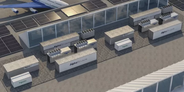 A rendering of the 12-MW microgrid featuring the rooftop solar array, fuel cells, and battery energy storage components.