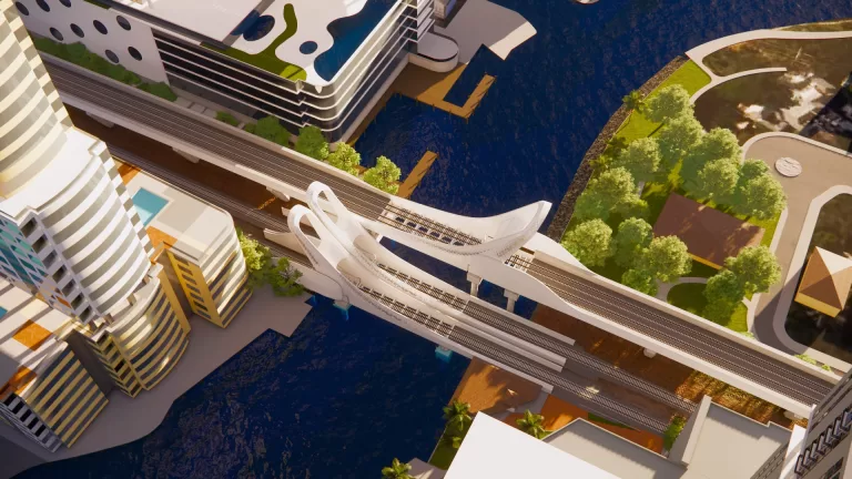 Broward County unveiled three design concepts for two new rail bridges over Fort Lauderdale's New River, which a consulting firm estimates will cost up to $495 million to build. Design 1; Mast-Aerial Looking