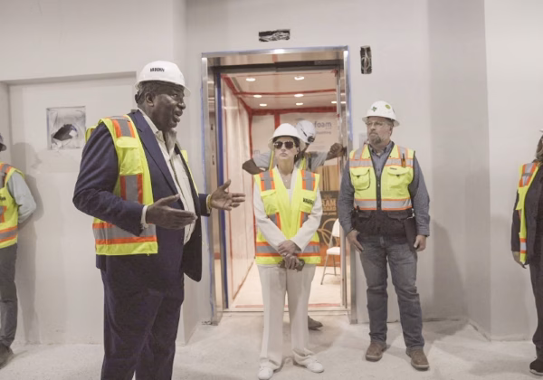 University leaders with State Sen. Royce West reviewing the progress made on the new UNT Dallas STEM building set to open later this year. Also in attendance was President Warren von Eschenbach
