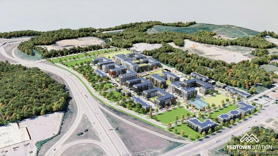 This rendering depicts an aerial view of the planned Midtown Station development, Kansas