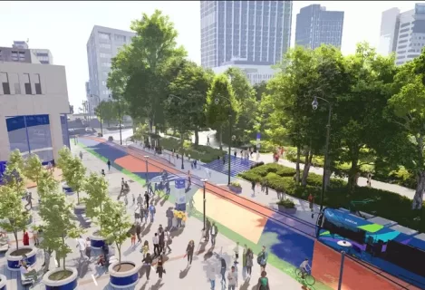 Rendering of Woodruff Park's pedestrian improvements next to Georgia State University.