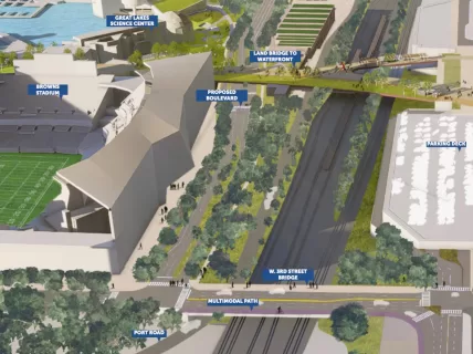 Cleveland's latest plans for the downtown lakefront include a rendering of a proposed "land bridge,'' or lakefront connector