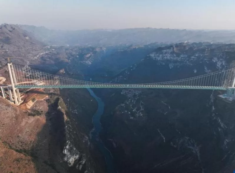 Aerial view of the world’s highest bridge Huajiang grand canyon bridge in China's Guizhou Region