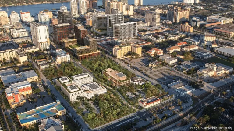 An aerial view of the Vanderbilt University's plans upcoming West Palm Beach campus focused on business, AI, and innovation.