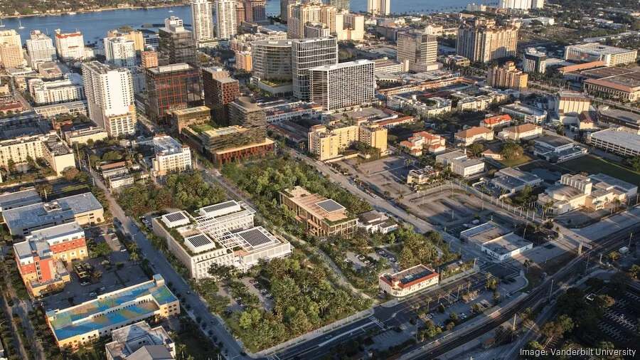 An aerial view of the Vanderbilt University's plans upcoming West Palm Beach campus focused on business, AI, and innovation.