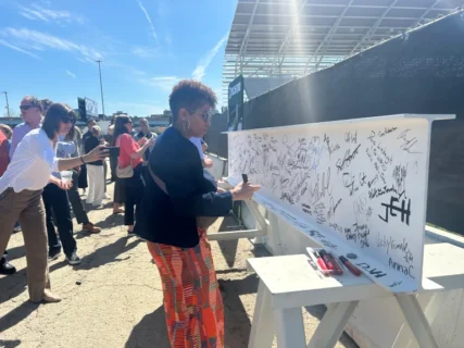 Amway Stadium “topping out” ceremony on May 29, 2026.