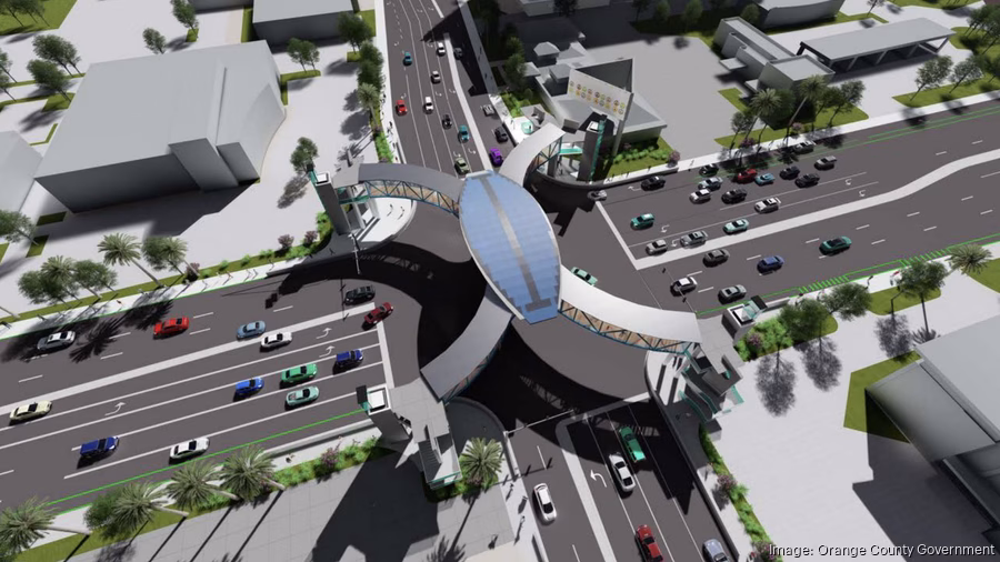 Orange County Advances Plans for Futuristic $35M I-Drive Pedestrian Bridge. Conceptual rendering of the proposed “drone”-style pedestrian bridge at International Drive and Sand Lake Road (Orange County graphic)