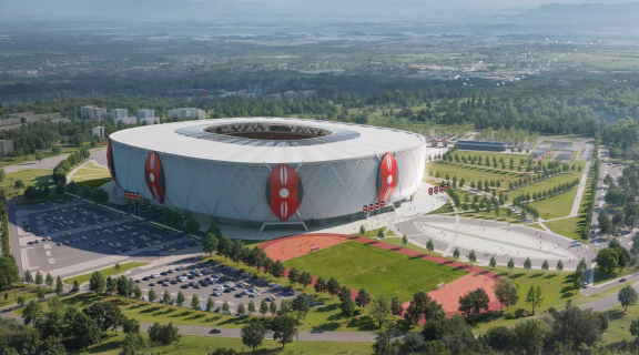 The stadium, designed for 60,000 spectators, will host football and rugby matches