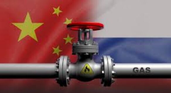 Russia-China flags overlaid by gas pipeline
