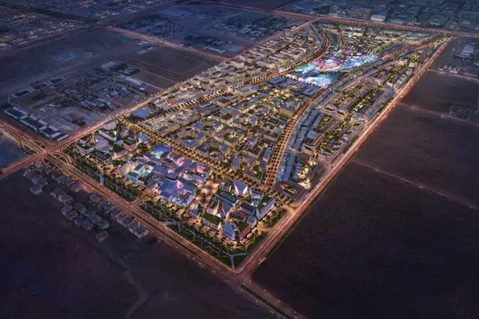 Aljada Sharjah masterplan night view rendering. The first of the three hospitals planned by Arada will be located within the Aljada community.