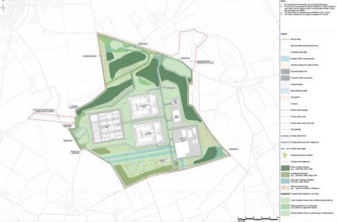 Site plan showing bunding and key drainage features at the Netherton Hub project in Scotland