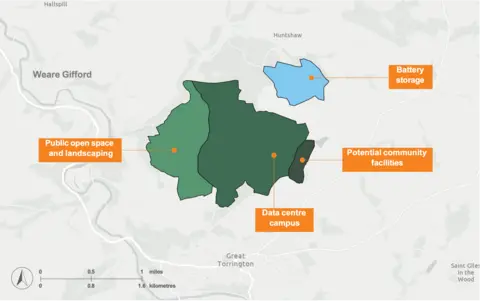 The data campus would take up just over a third of an 850-acre (3.4 sq km)
