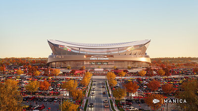 Wide aerial rendering of the Chiefs' new stadium, showing the full exterior shell, entry plaza, and surrounding parking lots amid fall foliage. (credit Chiefs and MANICA)