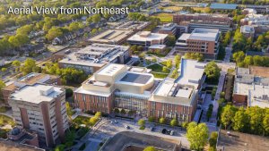 Rendering of an aerial view from the northeast of the Engineering and Arts Building.