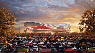 Exterior rendering of the Chiefs' new Kansas stadium at dusk, showing the sweeping roofline over a packed tailgate lot in the foreground. (credit Chiefs and MANICA)