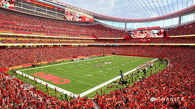 Rendering of the Kansas City Chiefs' new $3B enclosed stadium in Kansas City, Kansas: lower-bowl view showing the ETFE roof and seating design. (credit Chiefs and MANICA)