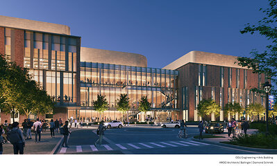 West lobby and studio perspective of the Engineering & Arts Building at Old Dominion University. Rendering courtesy of VMDO Architects, Ballinger, and Diamond Schmitt Architects.