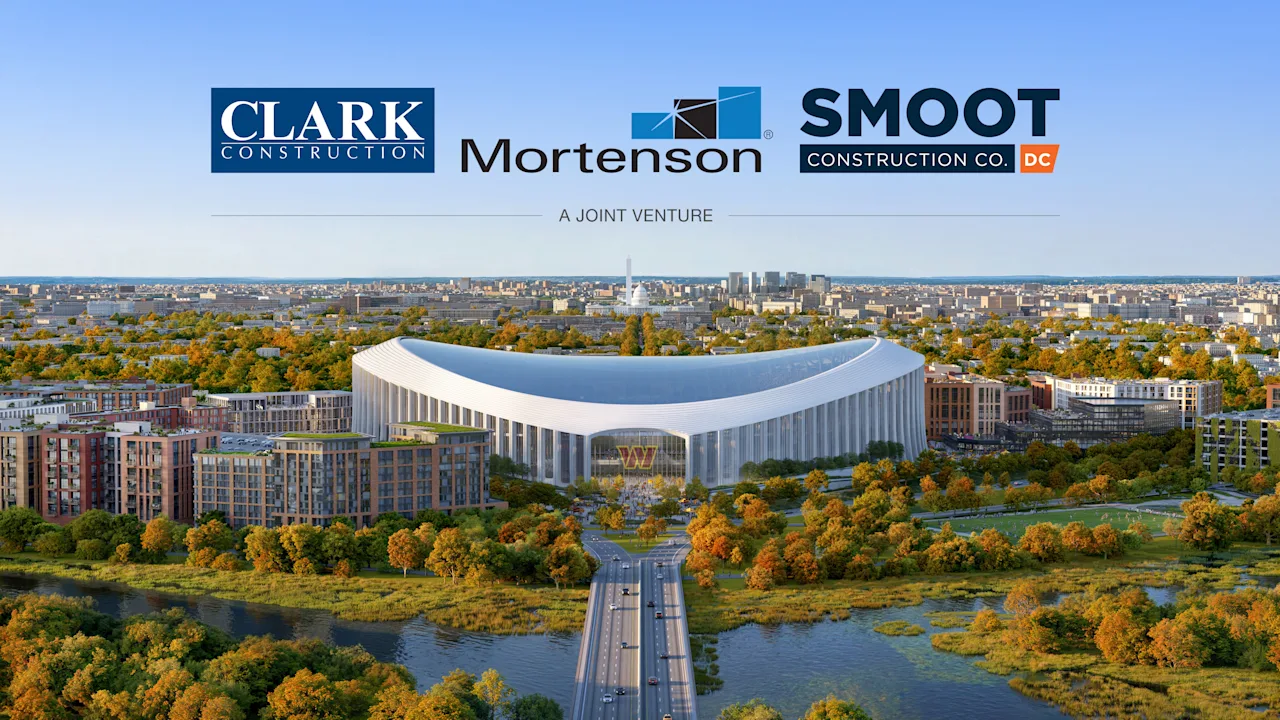 Clark, Mortenson and SmootDC are selected to build the new Washington Commanders stadium, with construction set for spring 2027.