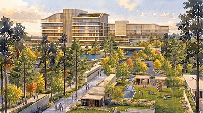 The Alice L. Walton Foundation and Mercy have broken ground on a 120+-acre specialty-care and whole-health campus in Bentonville, Arkansas. AWSOM Whole Health Campus Rendering, Courtesy of EDSA